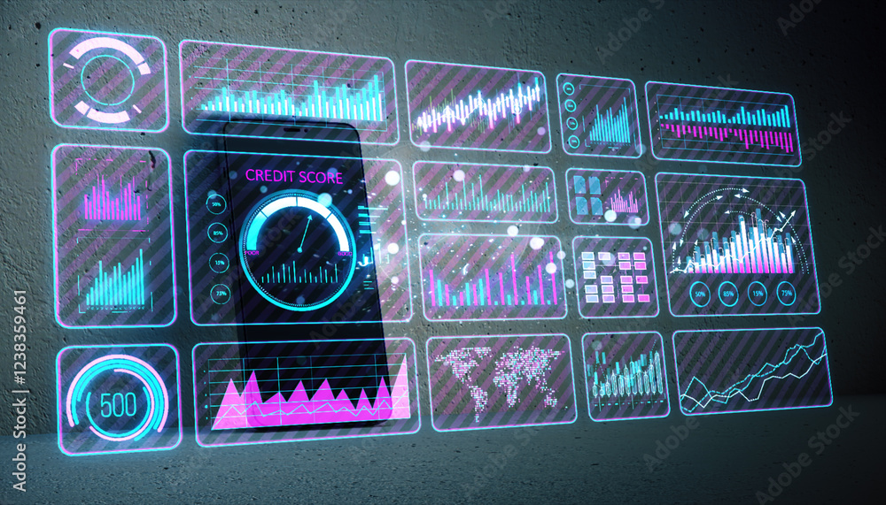 Poster Futuristic financial data interface with charts and graphs on a smart device, glowing neon design. 3D Rendering