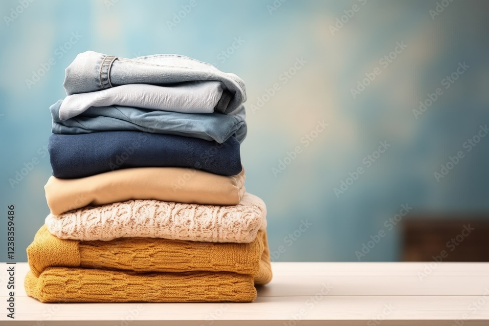Poster neatly stacked clothes in soft colors on a wooden surface against a soft blue background with blurre
