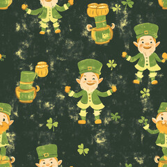 Cute Saint Patrick’s Day Pattern with Leprechauns, Shamrocks, and Pots of Gold on a Textured Dark Background
