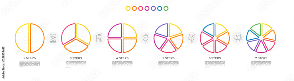 Poster vector infographic circles set divided radius. segments of circle with 2 to 7 pieces. modern colors 