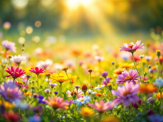 Fototapeta premium Colorful flowers bloom beautifully under bright sunlight in a vibrant meadow
