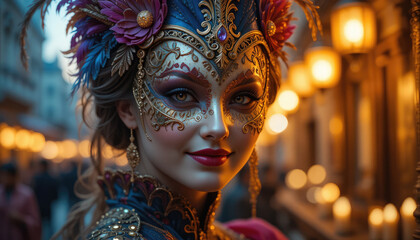 Venetian carnival mask, Portrait of beautiful woman with masquerade carnival mask on her face.