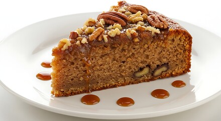 A sliced date cake topped with nuts and drizzled with syrup on a white plate.
