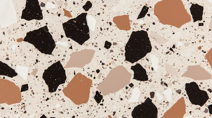 Terrazzo pattern with black and Mocha Mousse stone fragments on light background