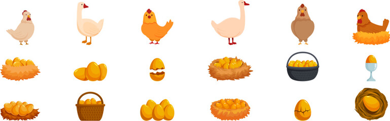 Golden eggs icons set. Golden eggs in wicker baskets and nests, hens and geese laying golden eggs, broken golden eggs, breeding poultry concept