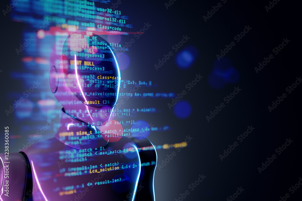 Poster Futuristic robot with glowing design and overlay of programming code on dark background. 3D Rendering