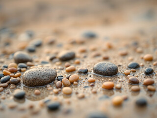 Smooth pebbles rest on wet sand creating a calming beach scene