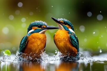 Fototapeta premium A Vibrant Kingfisher Diving into Water with Frozen Motion and Splash Closeup Action Shot of a Colorful Bird Plunging into a Pond or River with Detailed Feathers Beak and Eye Visible