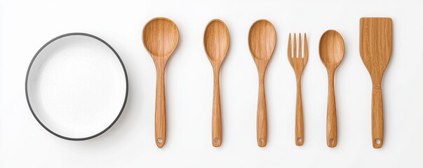 Assortment of Wooden Kitchenware Utensils Including Spoons Forks and Bowl on White Background  Flat Lay Top View of Everyday Essential Cooking and Dining Tools in Minimalist Natural Style