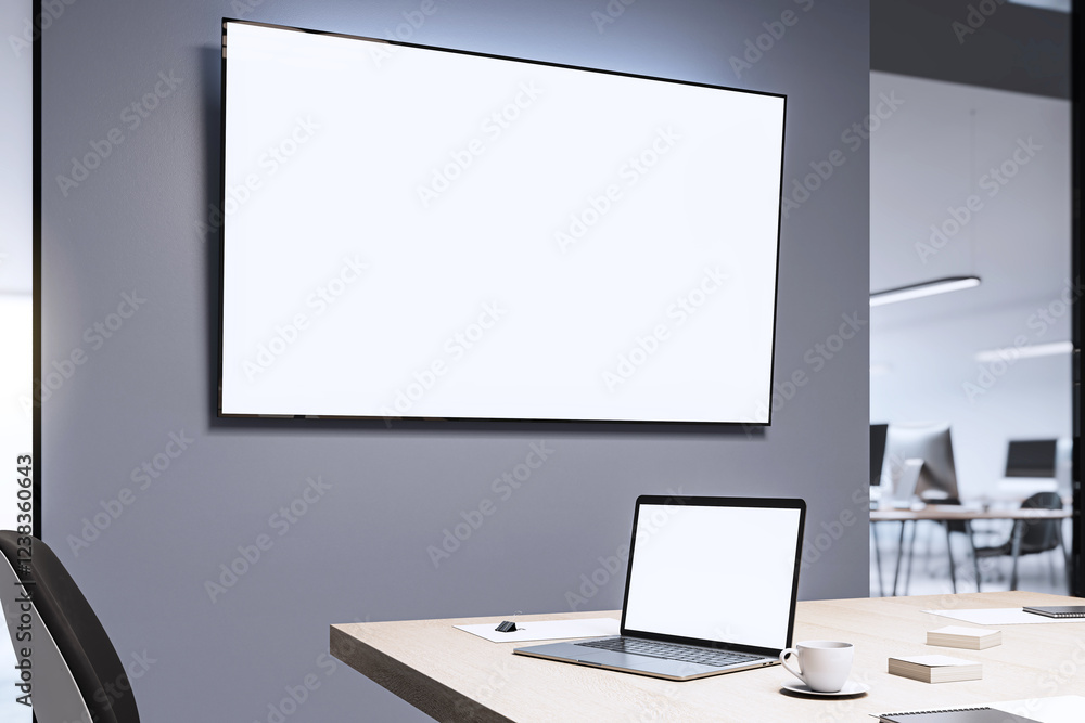 Poster Modern conference room with blank screen and workspace setup. 3D Rendering