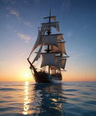 Fototapeta premium Tall ship sailing through crystal clear calm waters under a serene blue sky at sunset, peaceful, calm