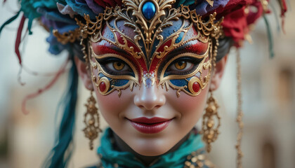 Venetian carnival mask, Portrait of beautiful woman with masquerade carnival mask on her face.