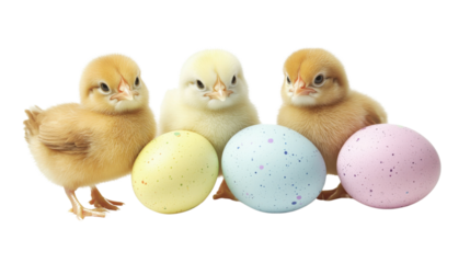 Three baby chickens posing with colorful easter eggs on transparent background