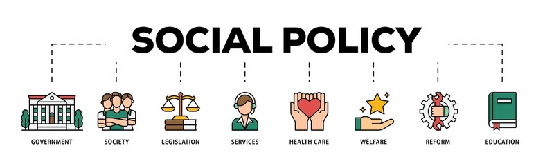 Social policy infographic icons flow process which consists of education, reform, services, welfare, health care ,legislation, society, government icon live stroke and easy to edit .