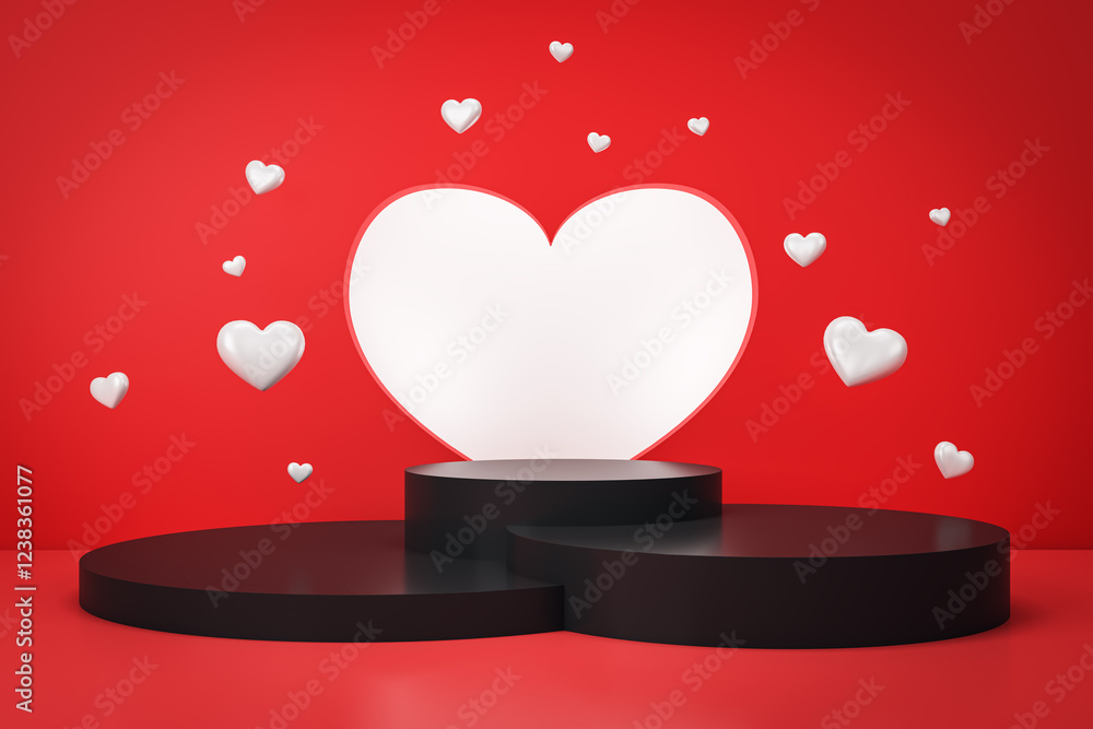 Poster Abstract black podium with floating white hearts on red background. 3D Rendering