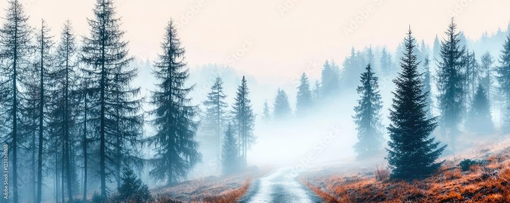 Poster misty mountain nature idea. misty forest path with tall trees and serene atmosphere in soft morning 