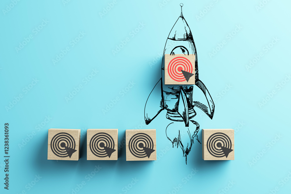 Poster Wooden blocks with target icons arranged with a rocket sketch on a light blue background. 3D Rendering