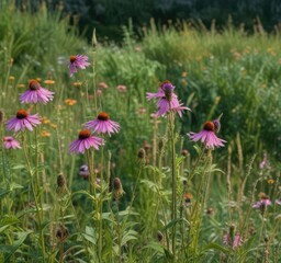 Fototapeta premium Tall stalks of wheat with patches of vibrant purple coneflower flowers amidst the weeds, wheat, tall grasses