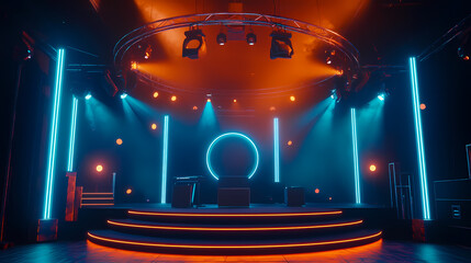 an empty stage with spotlights and neon lights. The scene is illuminated by blue light, creating a dramatic atmosphere for performing arts or presentations