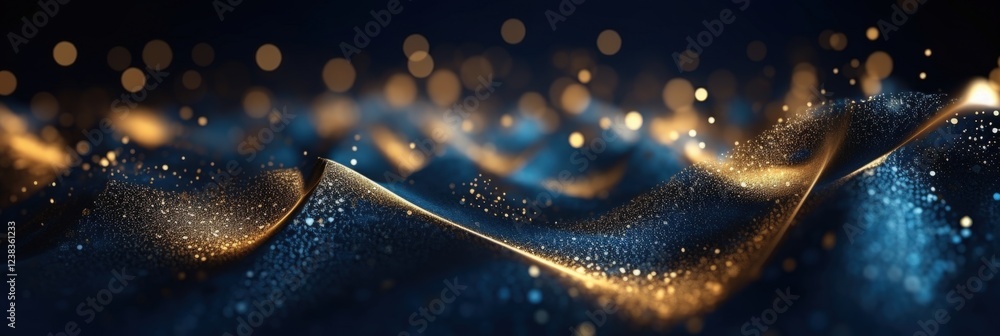 Poster abstract wavy background with golden and blue sparkle elements for creative projects and visual medi
