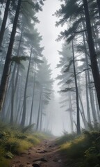 Obraz premium Tall trees in the distance with misty atmosphere, fog, outdoor, scenery