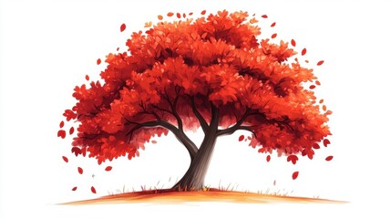 Vibrant Red Autumn Tree with Falling Leaves on White Background