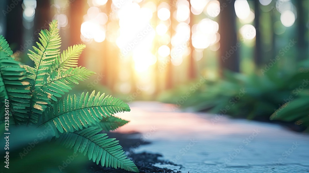 Poster forest pathway nature concept. a serene forest path with lush ferns illuminated by soft sunlight.