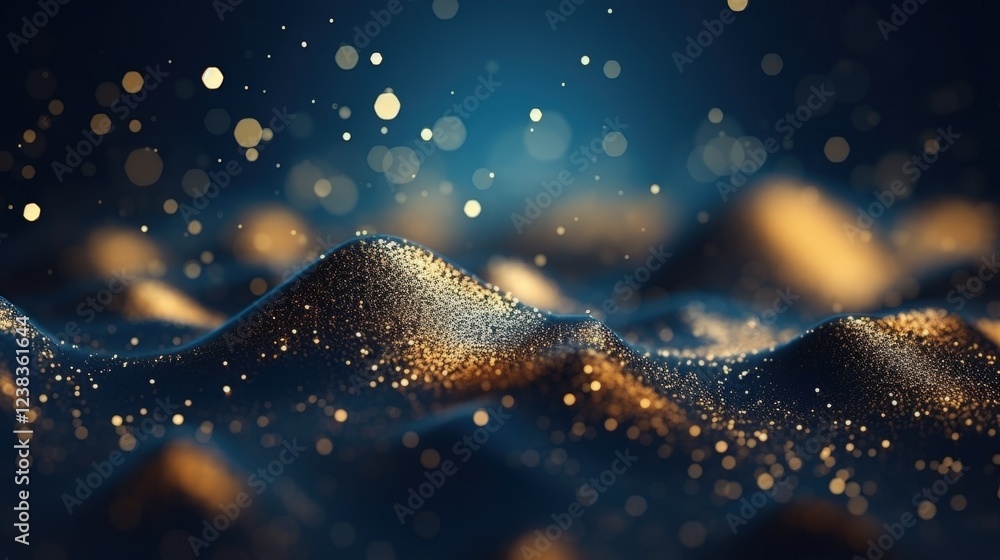 Poster abstract dark blue background showcasing shimmering particles and textured hills, creating a captiva