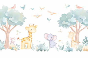 A cute cartoon watercolor illustration of baby animals like giraffes, elephants, and birds in the jungle with green foliage. The background is white with some light pastel colors for coloring pages