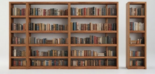 Tall wooden bookshelf filled with books on white backdrop, book collection, bookcase, textbooks, library