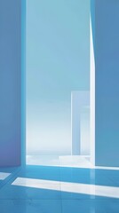 A blue and white room with a window and a view of the ocean