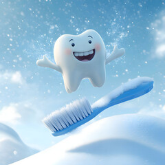 Fototapeta premium Cartoon tooth character happily jumps over a toothbrush in a snowy landscape, promoting dental hygiene and fun. Generative AI