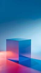 A blue cube is sitting on a red background