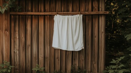 White cloth drying on rustic wooden fence, nature backdrop; home decor
