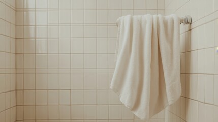 White towel hanging in tiled bathroom. Cleanliness, hygiene, freshness
