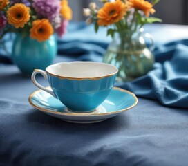 Teacup and saucer on a blue cloth-covered table with a small vase on the side, flower arrangement, vase