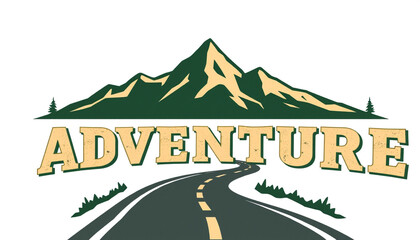 A graphic adventure logo featuring a scenic mountain landscape with a road leading into the horizon, representing travel, exploration, and outdoor adventure, ideal for branding and tourism.