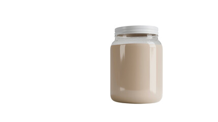 Glass jar containing peanut butter on transparent background