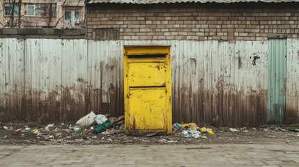 Yellow rusty mailbox, urban decay, trash, brick wall
