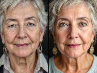 Mature woman face comparison showing skin before and after retouching against a dark backdrop