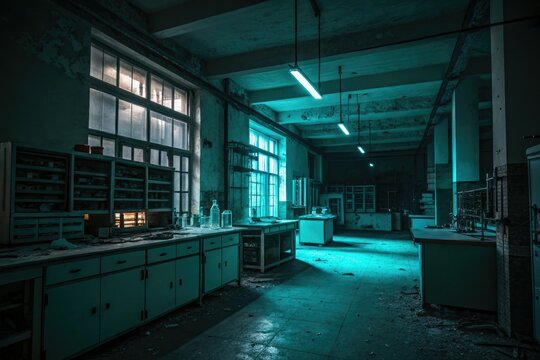 Teal glow casts an eerie ambiance on a dark abandoned laboratory filled with mysterious equipment, decaying, mysterious, equipment, abstract, gothic