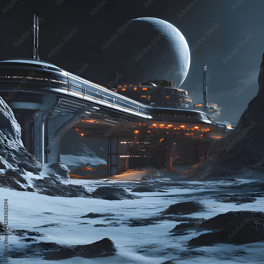 Wall mural space station on a distant moon with a large planet looming in the night sky. generative ai