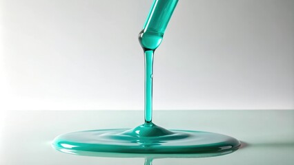 Teal slime drips slowly from a pipette on an isolated white surface, scientific procedure, isolated object, science experiment, white background