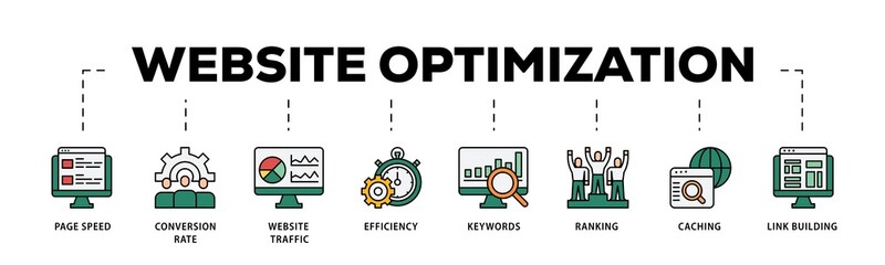 Website optimization infographic icons flow process which consists of page speed, conversion rate, website traffic, efficiency, keywords, ranking, caching  icon live stroke and easy to edit . © Juaran