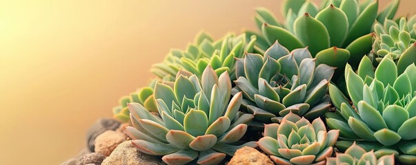 Obraz premium Cactus garden nature idea. Vibrant succulent plants nestled in natural pebbles under warm sunlight glow.
