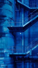 A blue industrial building with a staircase