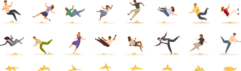 Slip banana peel icons set. Cartoon characters are slipping on banana peels, highlighting the classic comedic scenario of unexpected falls
