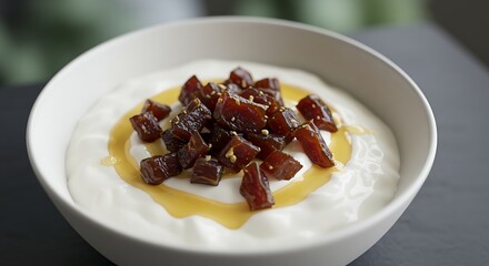 Naklejka premium A bowl of creamy yogurt topped with chopped dates and a drizzle of honey.