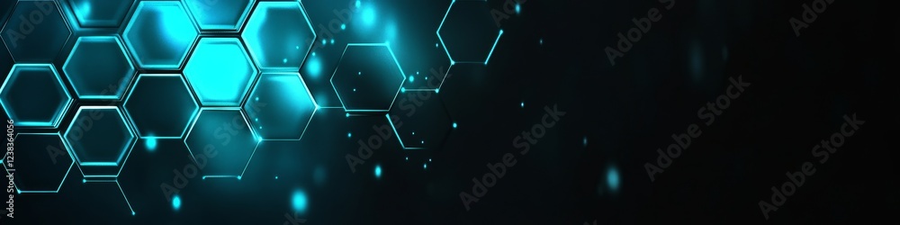 Poster abstract, futuristic network connection with interconnected hexagons, lines and particles, blue glow