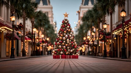 A towering meticulously decorated Christmas tree stands proudly in the center of a bustling city street